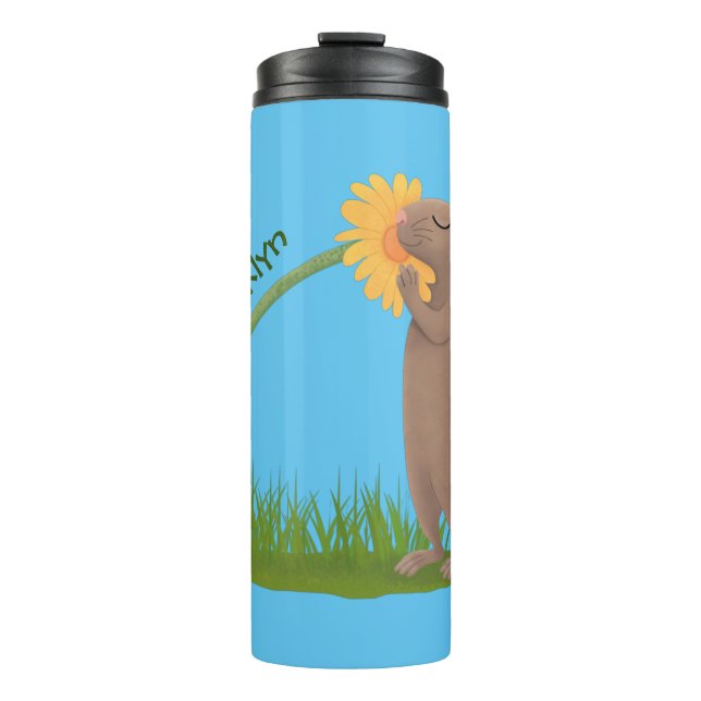 Niedlicher Präriehund schnüffelt Blume Cartoon Thermosbecher (Vorderseite)