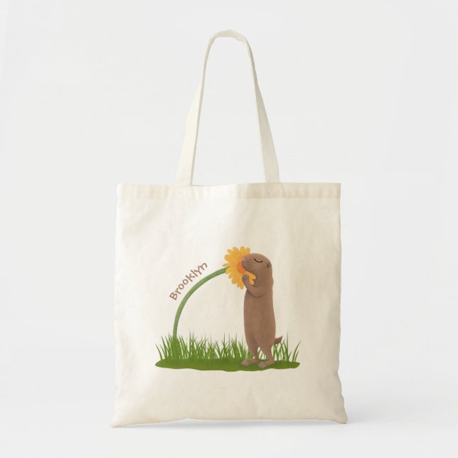 Niedlicher Präriehund schnüffelt Blume Cartoon Tragetasche (Vorne)