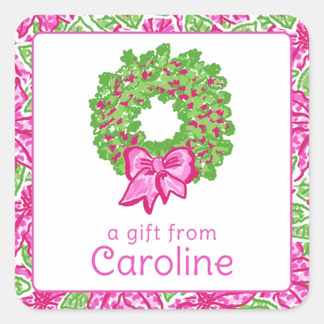 Niedlicher Preppy-Weihnachten - Rosa und grüner Kr Quadratischer Aufkleber (Vorderseite)