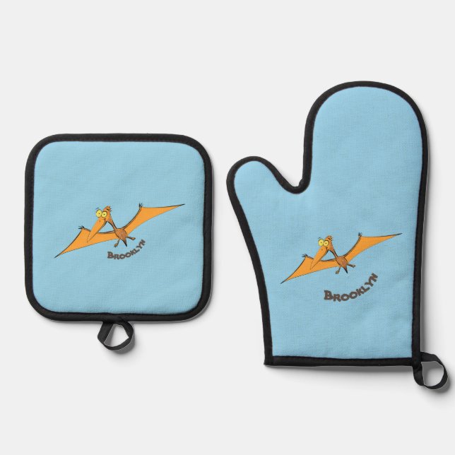 Niedlicher Pterodactylus-Cartoon Ofenhandschuh & Topflappen-Set (Vorderseite)