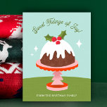 Niedlicher Pudding aus dem Mittelalter Weihnachtsk Feiertagspostkarte<br><div class="desc">Diese niedliche, farbenfrohe Weihnachtspostkarte zeigt eine handgezeichnete Pflaumenpudding-Illustration auf einem Weihnachtsbaumkuchenständer und texturierte Tischdecken. Das moderne Retro-Farbschema aus dem 20. Jahrhundert verleiht dem Ganzen ein nostalgisches Ambiente. Stilvolle Typografie lautet: "Sweet Tidings of Joy!" Vorlagen sind sowohl vorne als auch hinten für eine einfache Personalisierung enthalten. Ordnen Sie Text neu an...</div>