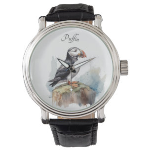 Niedlicher Puffin auf einem Felsen in Aquarell Armbanduhr