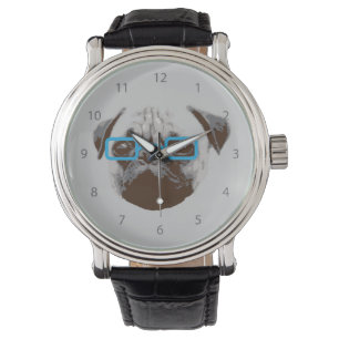 Niedlicher Pug-Hipster mit blauer Brille Armbanduhr