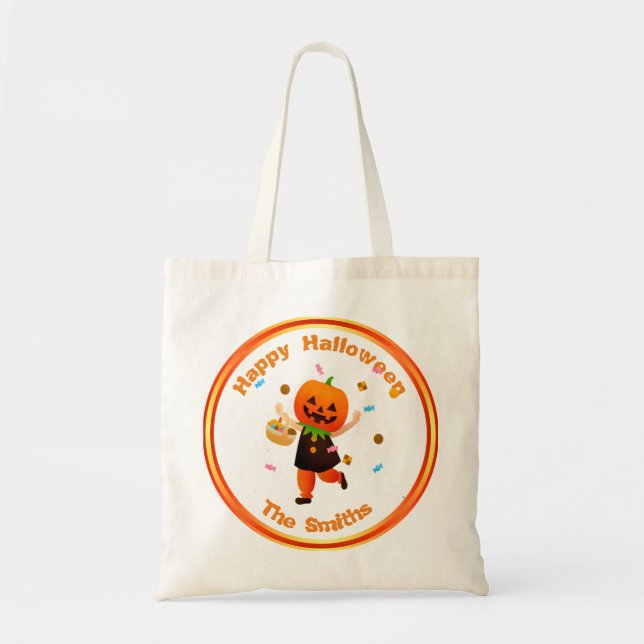Niedlicher Pumpkin Head Trick oder Treater Hallowe Tragetasche (Vorne)