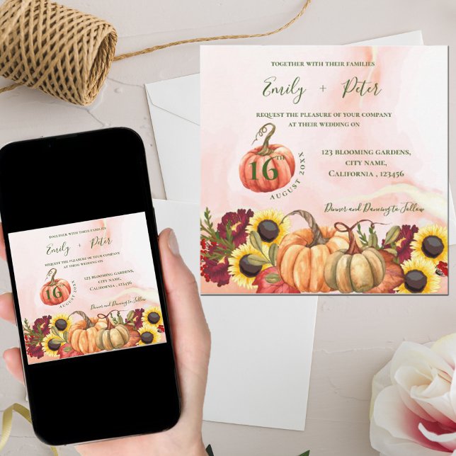 Niedlicher Pumpkin Herbst macht Sonnenblumen Hochz Einladung (Von Creator hochgeladen)