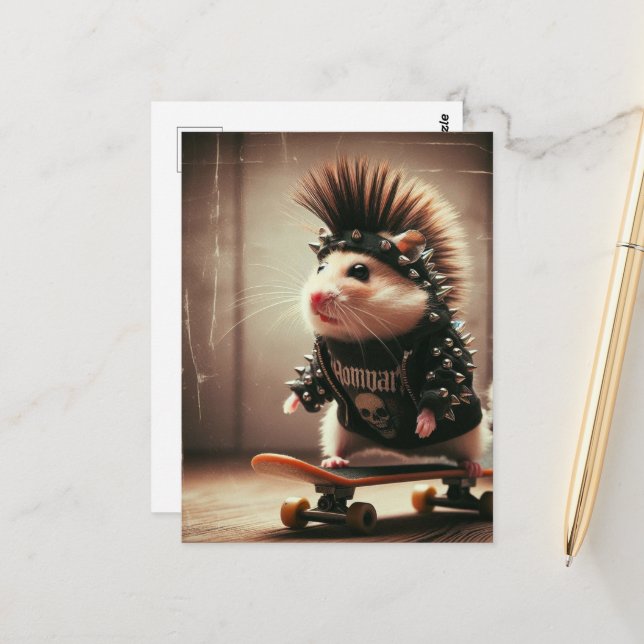 Niedlicher Punk Rock Skateboarding Hamster der 80e Postkarte (Vorderseite/Rückseite Beispiel)