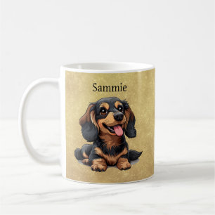Niedlicher Puppy-Hund mit schwarzer und brauner Da Kaffeetasse