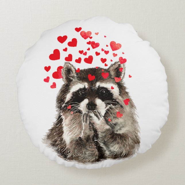 Niedlicher Raccoon Blown Kisses Liebe Herz Tier Rundes Kissen (Rückseite)
