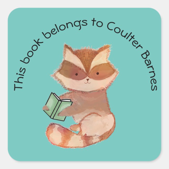 Niedlicher Raccoon-Buchsticker für Jungen Quadratischer Aufkleber (Vorderseite)