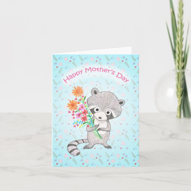 Niedlicher Raccoon Holding Blume Adorable Mütter T Karte (Vorderseite)