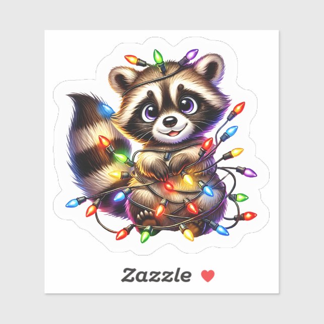 Niedlicher Raccoon in Weihnachtsbeleuchtung Aufkleber (Blatt)