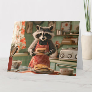 Niedlicher Raccoon Koch in Retro Küche Pancake ser Karte