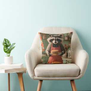 Niedlicher Raccoon Koch in Retro Küche Pancake ser Kissen