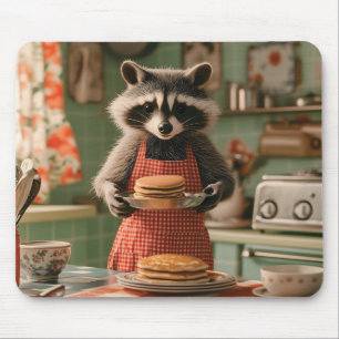 Niedlicher Raccoon Koch in Retro Küche Pancake ser Mousepad