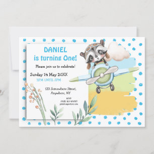 Niedlicher Raccoon Pilot Blue Dots erste Geburtsta Einladung