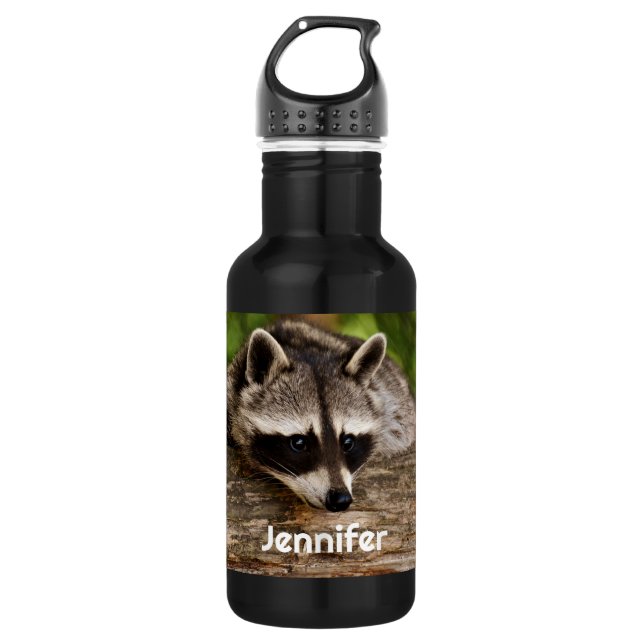 Niedlicher Raccoon-Ruhen auf einem Protokoll Edelstahlflasche (Vorderseite)