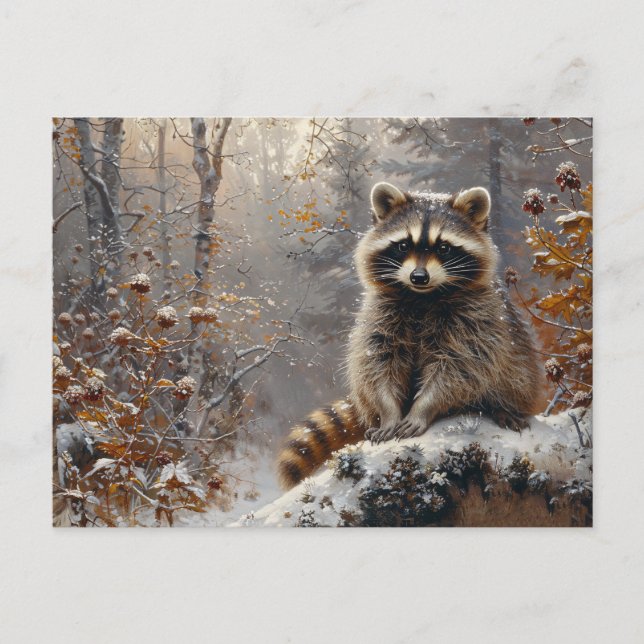 Niedlicher Raccoon während der Winterölmalerei Postkarte (Vorderseite)