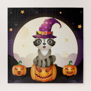 Niedlicher Raccoon-Zauberer, Pumpkins und Mond