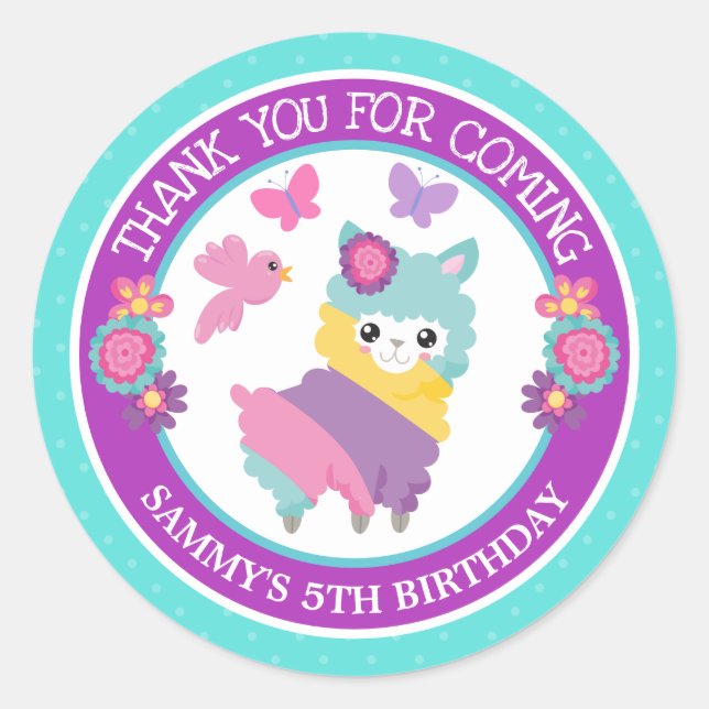 Niedlicher Rainbow Llama Birthday Runder Aufkleber (Vorderseite)