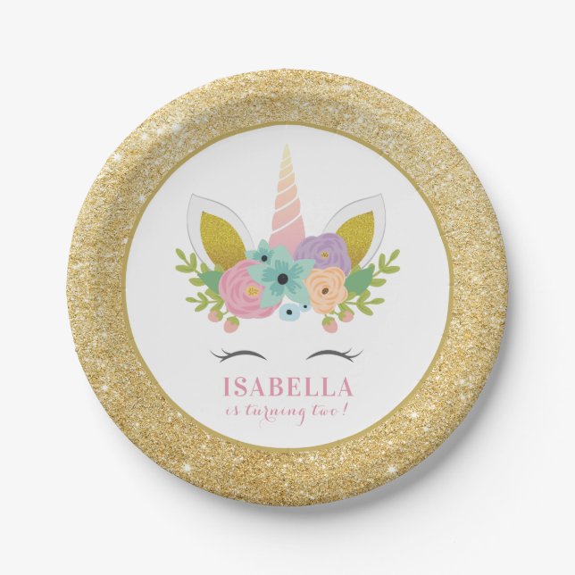 Niedlicher Rainbow Unicorn & Gold Glitzer Kinderge Pappteller (Vorderseite)