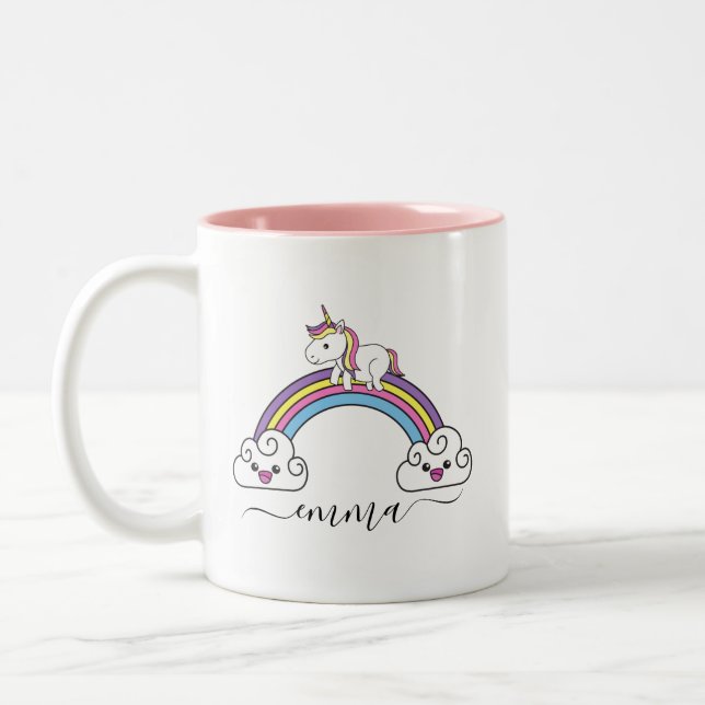 Niedlicher Rainbow Unicorn Personalisierter Name  Zweifarbige Tasse (Links)