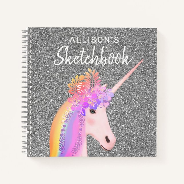 Niedlicher Rainbow Unicorn Sketchbook Skriptname Notizbuch (Vorderseite)