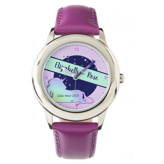 Niedlicher Rainbow Unicorname Geburtsdatum Armbanduhr (Vorderseite)