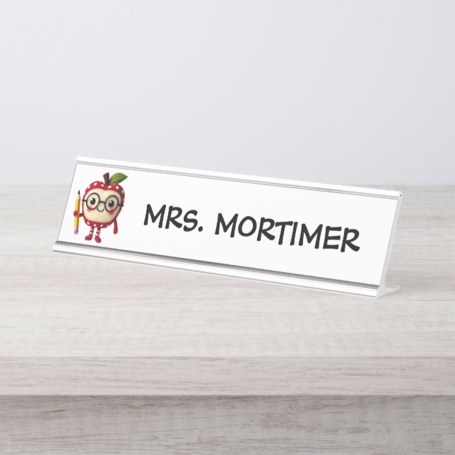 Niedlicher Red Apple Holding Yellow Pencil Lehrer Schreibtischnamensplakette (Vorderseite )