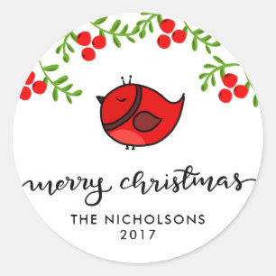 Niedlicher Red Bird Frohe Weihnachten Handgeschrie Runder Aufkleber