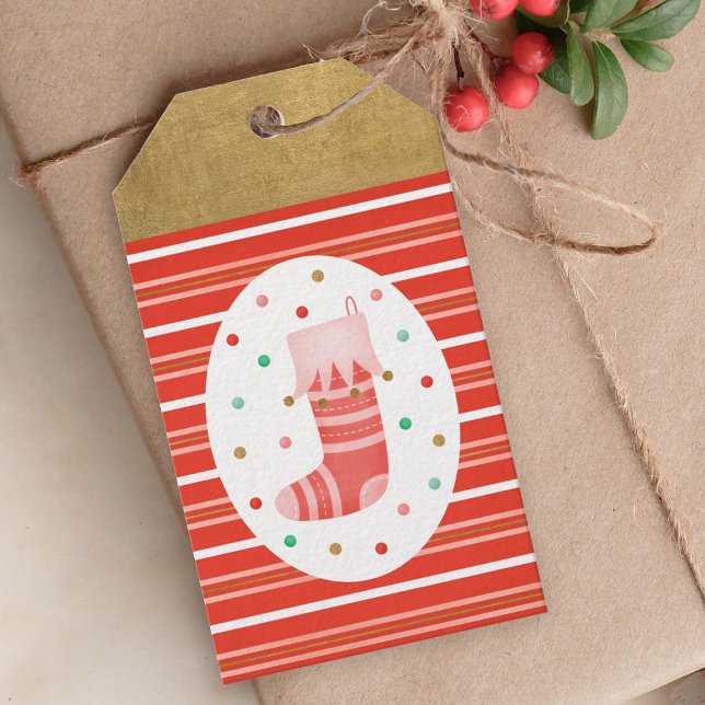 Niedlicher Red Christmas-Geschenktag Geschenkanhänger (A cute Christmas holiday gift tag featuring a Christmas stocking)