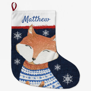 Niedlicher Red Fox in Blue White Sweater Schneeflo Großer Weihnachtsstrumpf