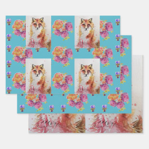 Niedlicher Red Fox Wasserfarbe Rose Wald Geschenkpapier Set