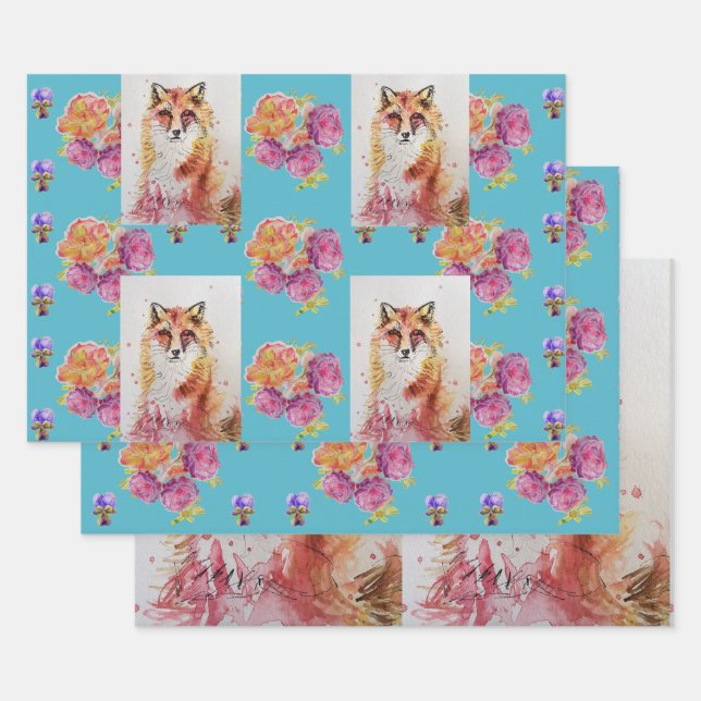 Niedlicher Red Fox Wasserfarbe Rose Wald Geschenkpapier Set (Set)