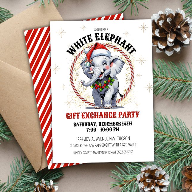 Niedlicher Red Gold Holiday White Elephant Gift Ex Einladung (Cute white elephant holiday party invitations for corporate office or small group gift exchange)