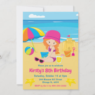 Niedlicher Red Hair Girl Summer Beach Geburtstag Einladung