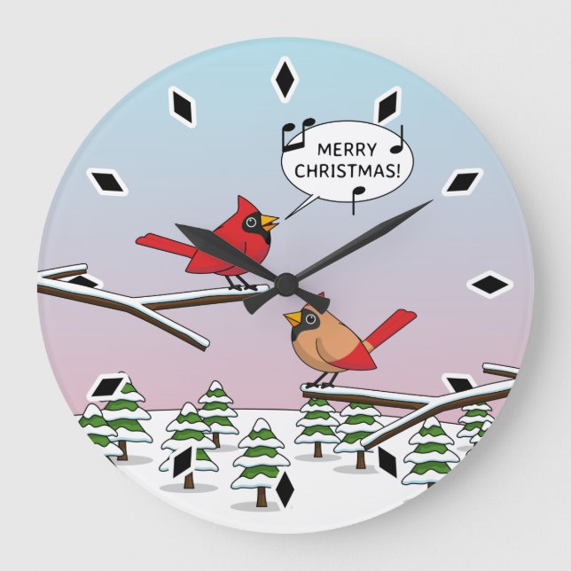 Niedlicher Red Kardinal Singen frohe Weihnachten Große Wanduhr (Vorderseite)