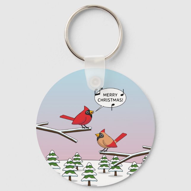 Niedlicher Red Kardinal Singen frohe Weihnachten Schlüsselanhänger (Vorderseite)