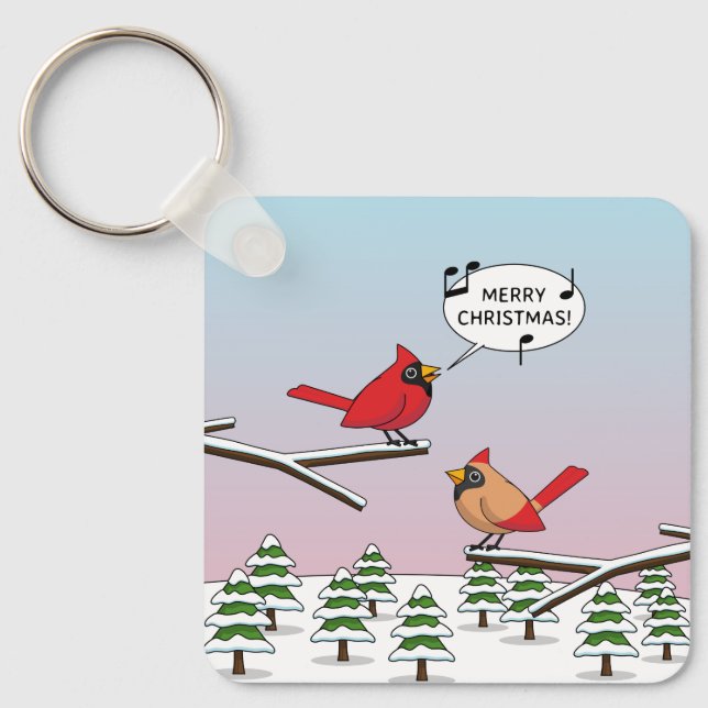 Niedlicher Red Kardinal Singen frohe Weihnachten Schlüsselanhänger (Vorderseite)