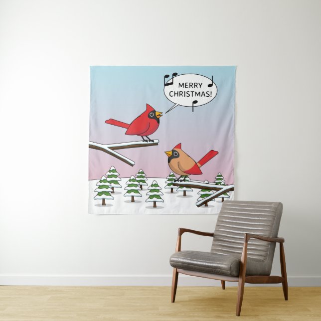 Niedlicher Red Kardinal Singen frohe Weihnachten Wandteppich (Beispiel)