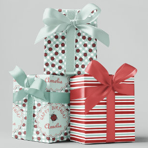 Niedlicher Red Ladybug Personalisierter Kindergebu Geschenkpapier Set
