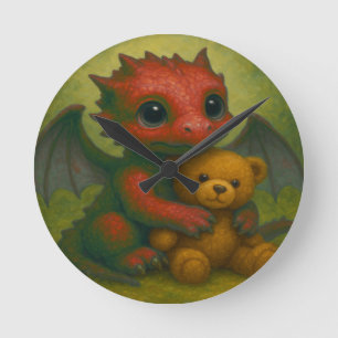 Niedlicher Red Puppy-Mit Augen Baby Dragon mit Ted Runde Wanduhr