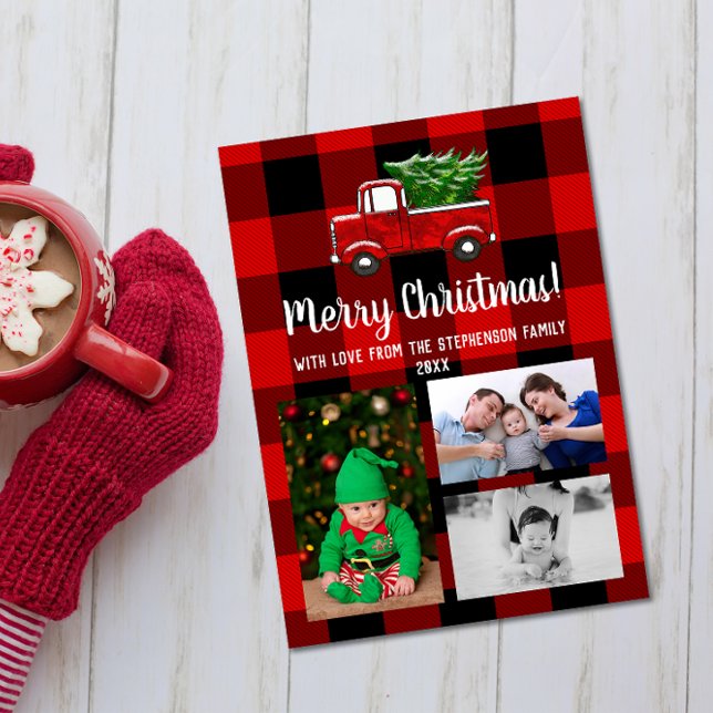 Niedlicher Red Truck Rustikale Weihnachtsfamilie 3 Einladung (cute red pickup truck buffalo plaid photo collage christmas card with grandkids)