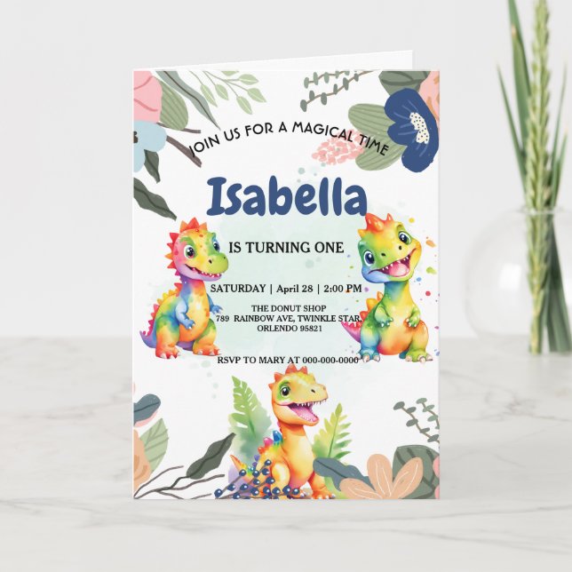 Niedlicher Regenbogen Dinosaur Happy Birthday Part Einladung (Vorderseite)