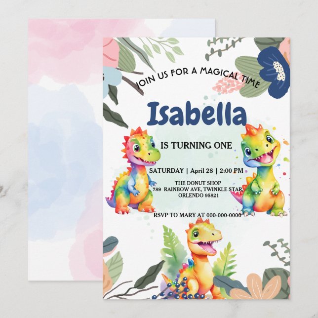Niedlicher Regenbogen Dinosaur Happy Birthday Part Einladung (Vorne/Hinten)
