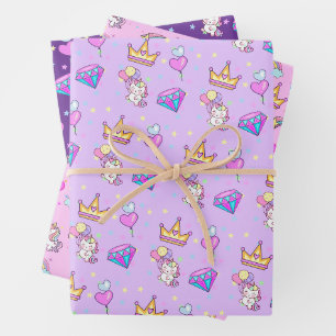 Niedlicher Regenbogen Einhorn Ballonherz Kindergeb Geschenkpapier Set