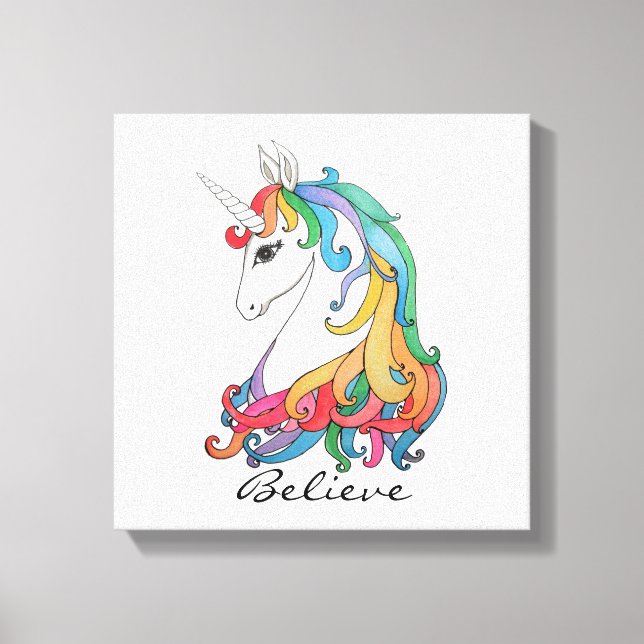 Niedlicher Regenbogen-Einhorn in Wasserfarbe Leinwanddruck (Vorderseite)
