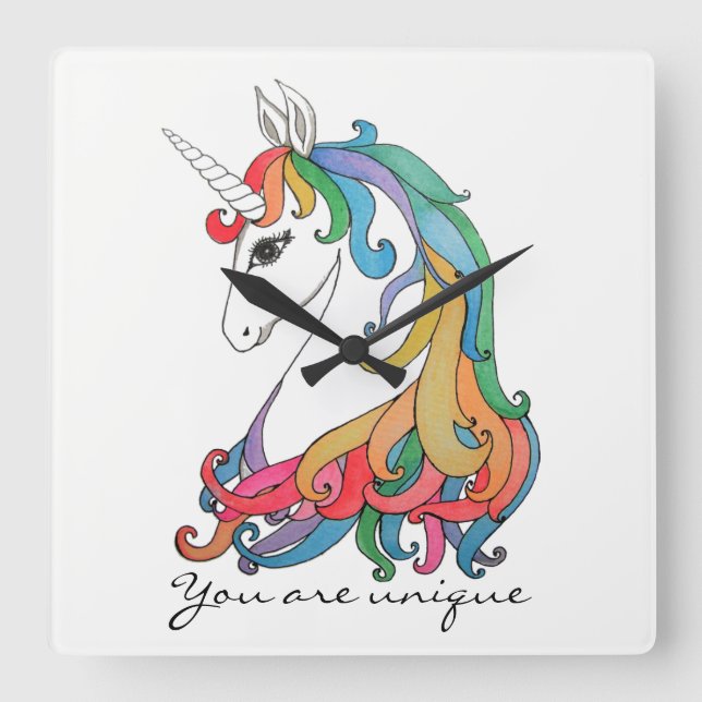 Niedlicher Regenbogen-Einhorn in Wasserfarbe Quadratische Wanduhr (Vorderseite)