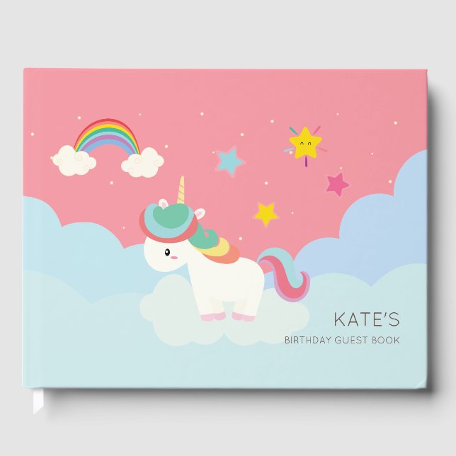 Niedlicher Regenbogen Einhorn mit Sternen. Geburts Gästebuch (Vorderseite)