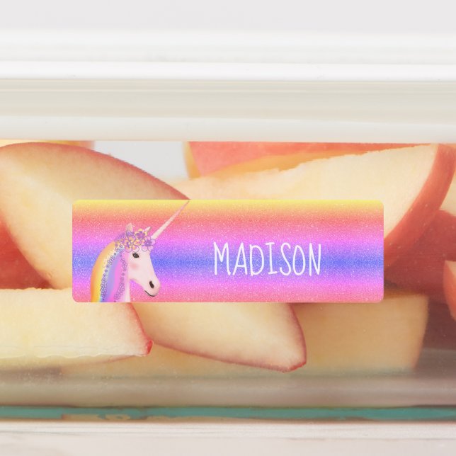 Niedlicher Regenbogen Einhorn Personalisiert Kinde Etiketten (Befestigt)