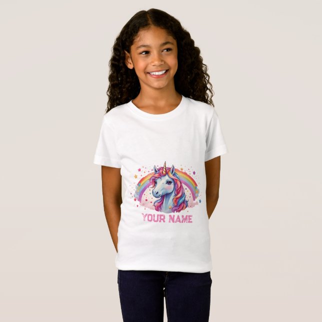 Niedlicher Regenbogen Einhorn Pferd mit Sternenhim T-Shirt (Vorne ganz)